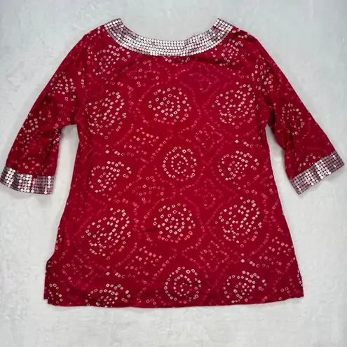 Calypso St. Barth Tunic Sequin Embellished Red Ethnic Pakistani Blouse Size M - Image 10