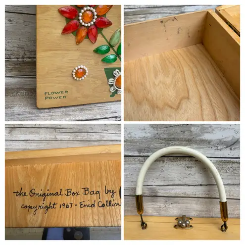 VTG Enid Collins of Texas Wooden Box Purse Bejeweled Flower Power Orange Artsy Brown
