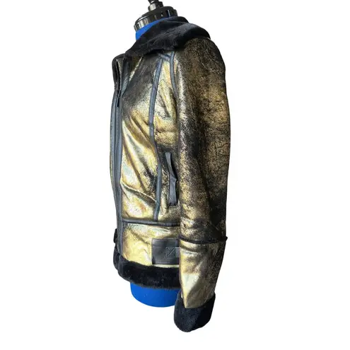 Avec Les Filles Metallic Foil Faux Shearling Biker Jacket In Black/Gold Women's Size XS $239