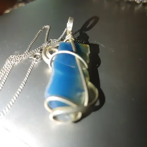 Blue Glass Quartz Silver Wire Wrapped Pendant Necklace On Atlas Sterling Chain