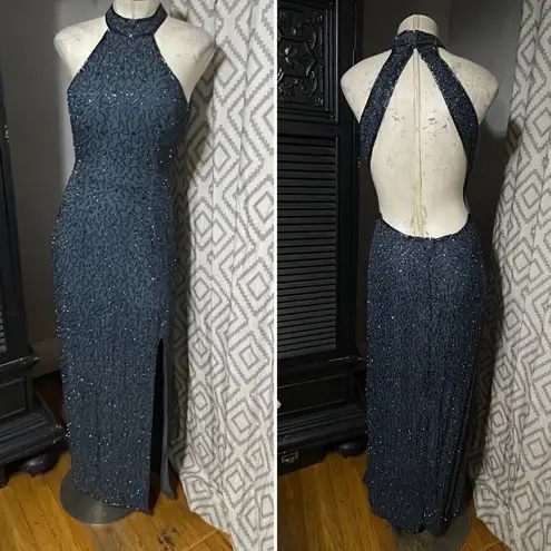 90s Y2K Andretta Donatello Silk beaded halter Open Back maxi prom dress gown L Gray Size L
