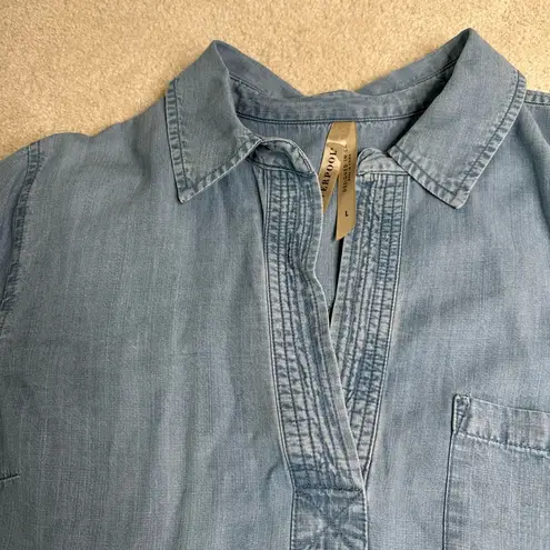 Liverpool Blue Chambray Long Sleeve Collared Blouse
