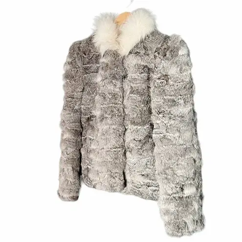 Vintage 80s Rabbit Fur Fox Tail Short Jacket Coat Made in Hong Kong Size Medium Gray