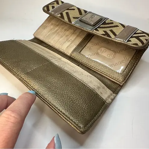 Tignanello Leather & Canvas Trifold Wallet Clutch Monogram T Brown Tan Paisley
