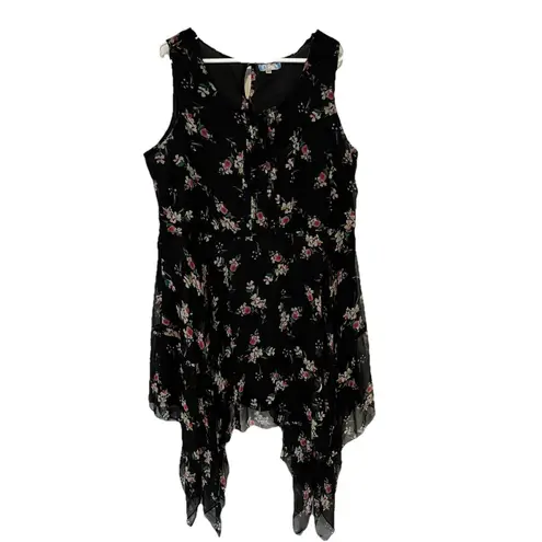 J Gee Dress 3x Black Floral Hankerchief Hem Pintuck Chiffon
