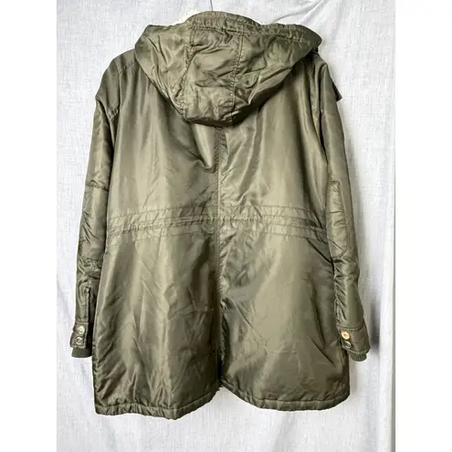 Guess Olive Sherpa Lined Hooded Parka Jacket Gold Zip Detail Size XL Green