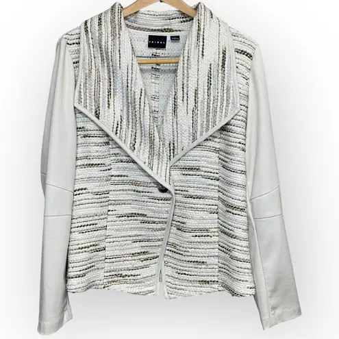 Tribal Large Button Front Cardigan Sweater Jacket Beige Cream Stripe Knit Moto Tan - Image 2