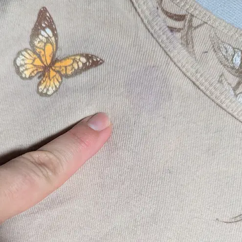 Vtg Y2K Morning Sun Beige Kitten Butterfly Rhinestone Embellished Top Sz 2X Tan