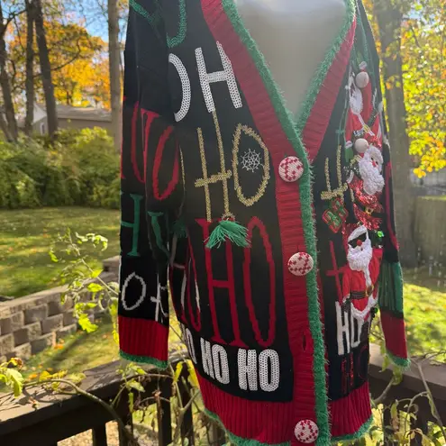 33 Degrees green Christmas sweater Cardigan figures Sequins Ho Ho Size L (14) Black Size L