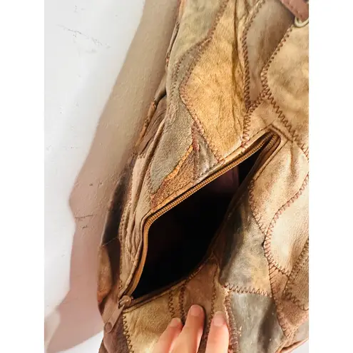 Vintage 1980s/90s Brown Leather Patchwork Clip Front Drawstring Backpack Bag - Image 13