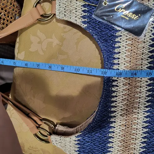 Tan and navy blue striped woven straw tote shoulder bag