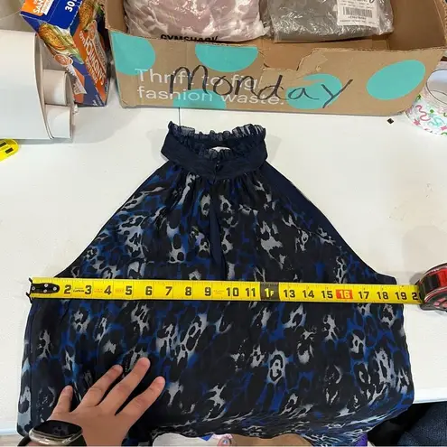 Ramy Brook Blue Allymay Sleeveless Mock Ruffle Leopard Top Blouse Silk Small