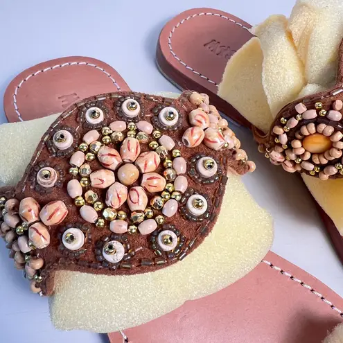 Mystique Boutique Mystique NEW Beaded Tan Leather Loop Slip On Sandals Size 10 Boho Chic Summer