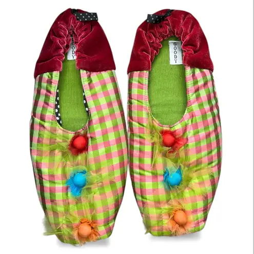 Goody Goody Colorful Plaid Slippers with Pom Poms velvet whimsical comfortable Red Size XL