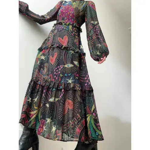 Farm Rio Black Amazonia High Neck Jungle Theme Ruffle Tiers Maxi Dress Size XS