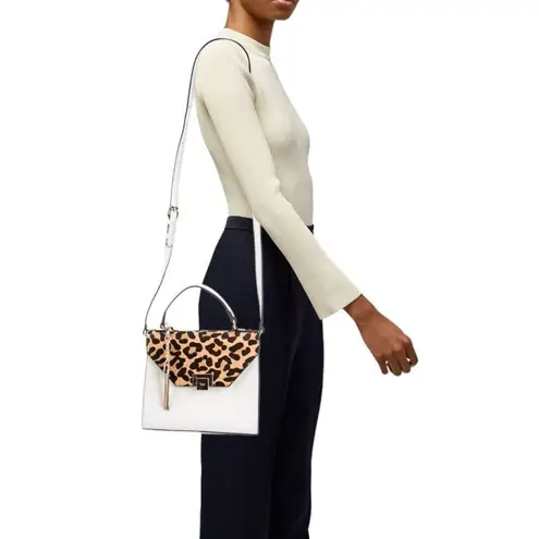 Dune London White Saffiano Leather Leopard Print Calf Hair Fur Trimmed Hand Bag