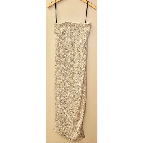 NWT House of Harlow 1960 x Revolve Sage Midi Dress Sequin Strapless Sheath Dress Silver Size M