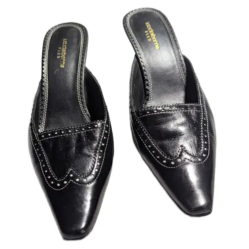 Vtg Y2K Liz Claiborne Black Leather Pointed Toe Wingtip Kitten Heel Mules Sz 7