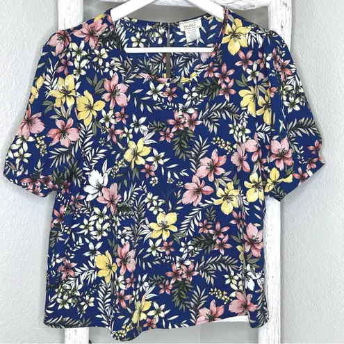 MOCI by Purple Rain Floral Print Top Short Sleeve Blouse Blue Pink Yellow Large