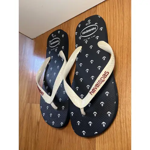 Havaianas Flip Flop Sandals Shoes Mens Size 8 Navy White Anchor Print Beach