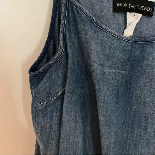 Shop the Trends Spaghetti Strap Denim Chambray Jumpsuit With Ribbed Waistband Blue Size M