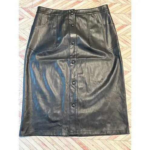 Canyon Retreat Black Faux Leather Midi Skirt Button Front Pockets 10 Womens