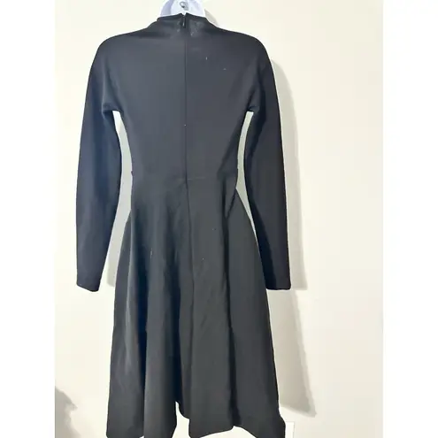 Donna Karan Vtg 80s 90s NY Black Wool Fit Flare Long Sleeve Bodysuit Dress US 8