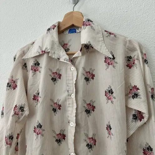 Vintage 70s Floral Button Up Shirt Long Sleeve Collar Cotton Size Small White