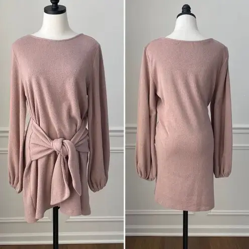 Saints + Secrets Beige Knit Front Knot Dress Balloon Sleeves L