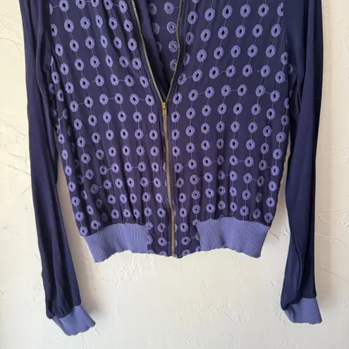 Amadi Anthropologie Bomber Jacket Navy Eyelet Embroidered Zip Front Size S Blue