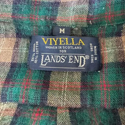 Lands' End Vintage  Tan Green Purple Plaid Wool Cotton Button Down Flannel Shirt M