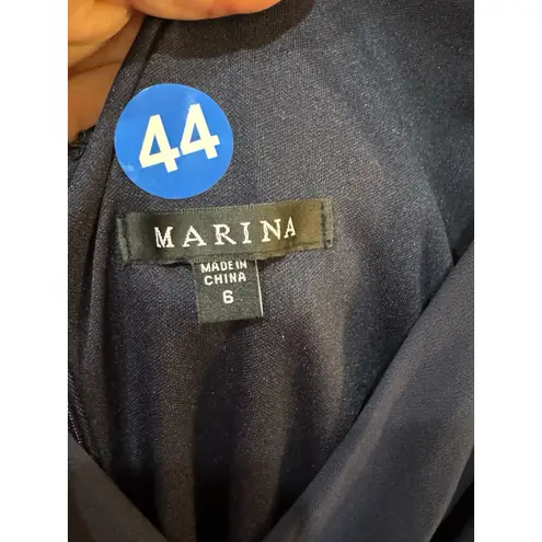 Marina Navy Gathered Chiffon Zip V Neck Jumpsuit Size 6 (Missing Broach ) Blue