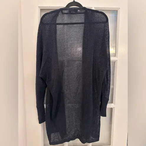 Magaschoni Dark Navy Linen Mesh Open Front Cardigan Sweater Classic Knit Size M