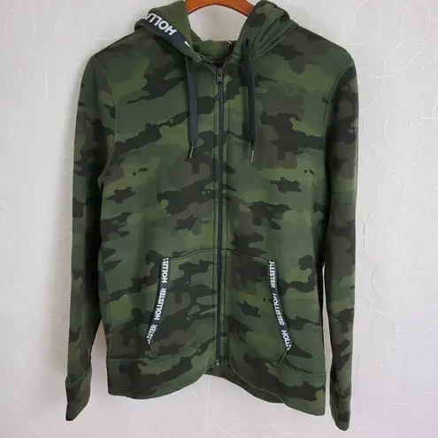 Hollister  Womens Hoodie Small Green Camo Spell Out Trim Full Zip Sweatshirt