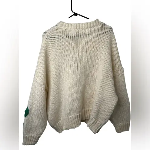 BiBi Cream Oversized Chunky Sweater with Colorful Floral Embroidery NWOT Pink Size M