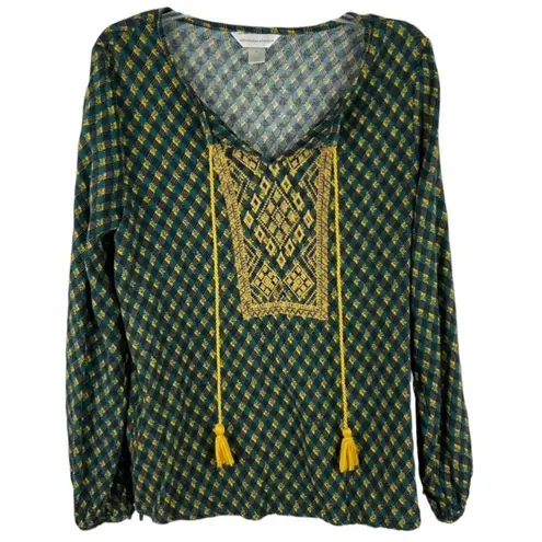 Christopher & Banks  Green and Gold Boho Top with Tassels Women’s Size Medium