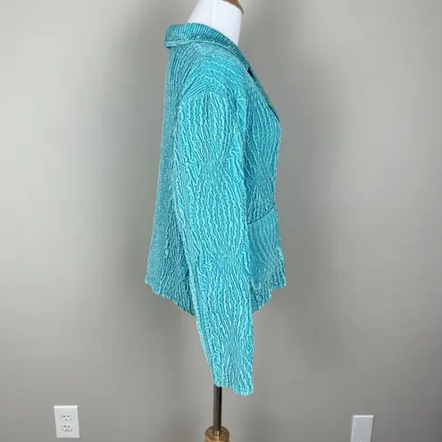 Rhonda Stark Jacket Womens Medium Textured Crinkle Button Front Cardigan Blazer Blue