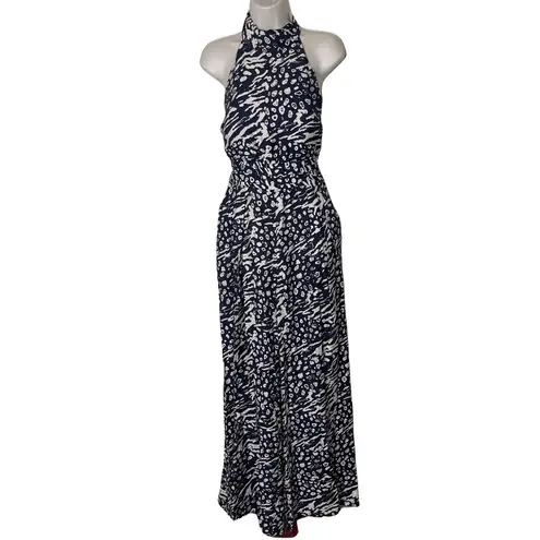REBECCA VALLANCE Lola belted printed crepe halterneck jumpsuit sz US 8 Black