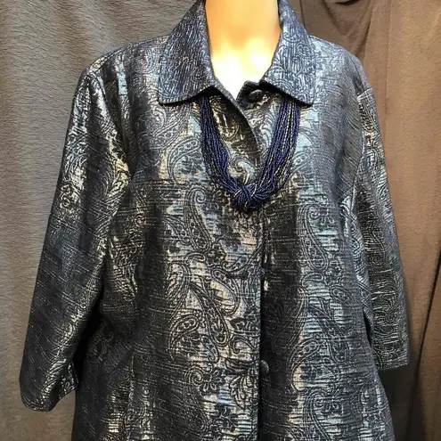 Alfred Dunner navy/Silver Printed Collared Jacket Long Sleeve Womens Size 18 Silver