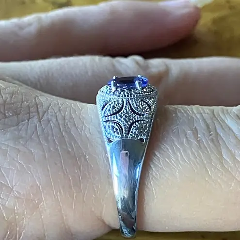 Natural Tanzanite White Diamond Sterling Silver Art Deco Ring Size 9 Purple