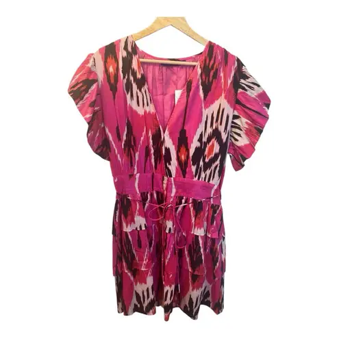 Ro's Garden Hunan Boyfriend Tiered Mini Dress Large Printed Cap Sleeve Pink NWT