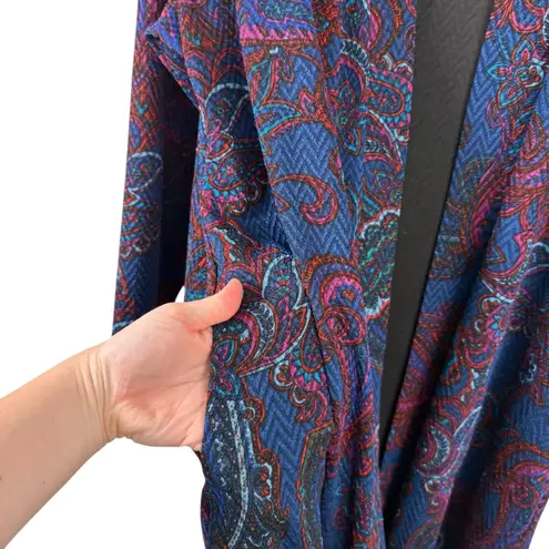Susan Graver Liquid Knit Long Line Cardigan Sweater Blue Paisley Womens Plus 1x