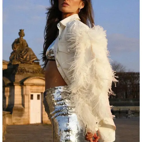 David Koma Ostrich Feather Oversized Denim Jacket Dress Bridal bachelorette White Size 10