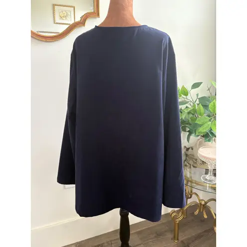 Jane Ashley Navy Blue Button Down Tunic Top Long Sleeve Laser Cut Details