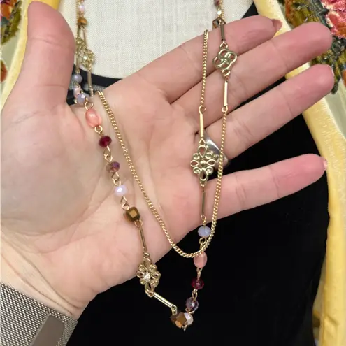 Vintage Uranium Vaseline Glass Bead Long Double Strand Necklace Gold Tone