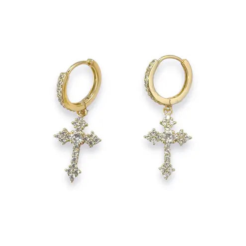 CZ Cross Dangle Drop Earrings for Men Women Streetwear Hip Hop Unisex Style Gold