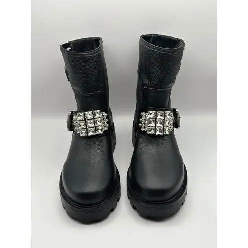 Karl Lagerfeld PARIS Martina Leather
Rhinestone Studded Lug Sole Moto Boots Sz 8