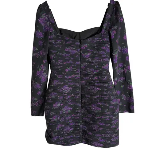Amur Giulia Black Purple Pleated Floral Print Long Sleeve Mini Dress Size 4