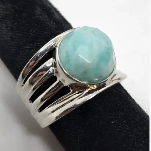 Sterling Silver Faceted Pale Blue Larimar & Triple Shank Boutique Ring Sz 7•3/4
