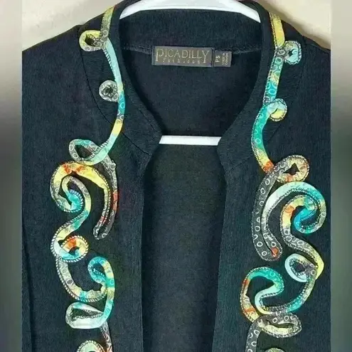 NWT Picadilly Fashions Open Cardigan 3/4 Sleeve Multicolor Appliqué Petite Small Black Size undefined
